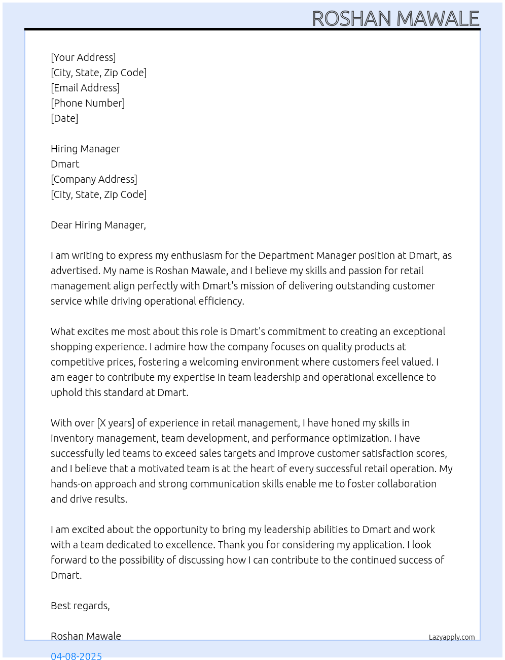 Department Manager At Dmart Cover Letter