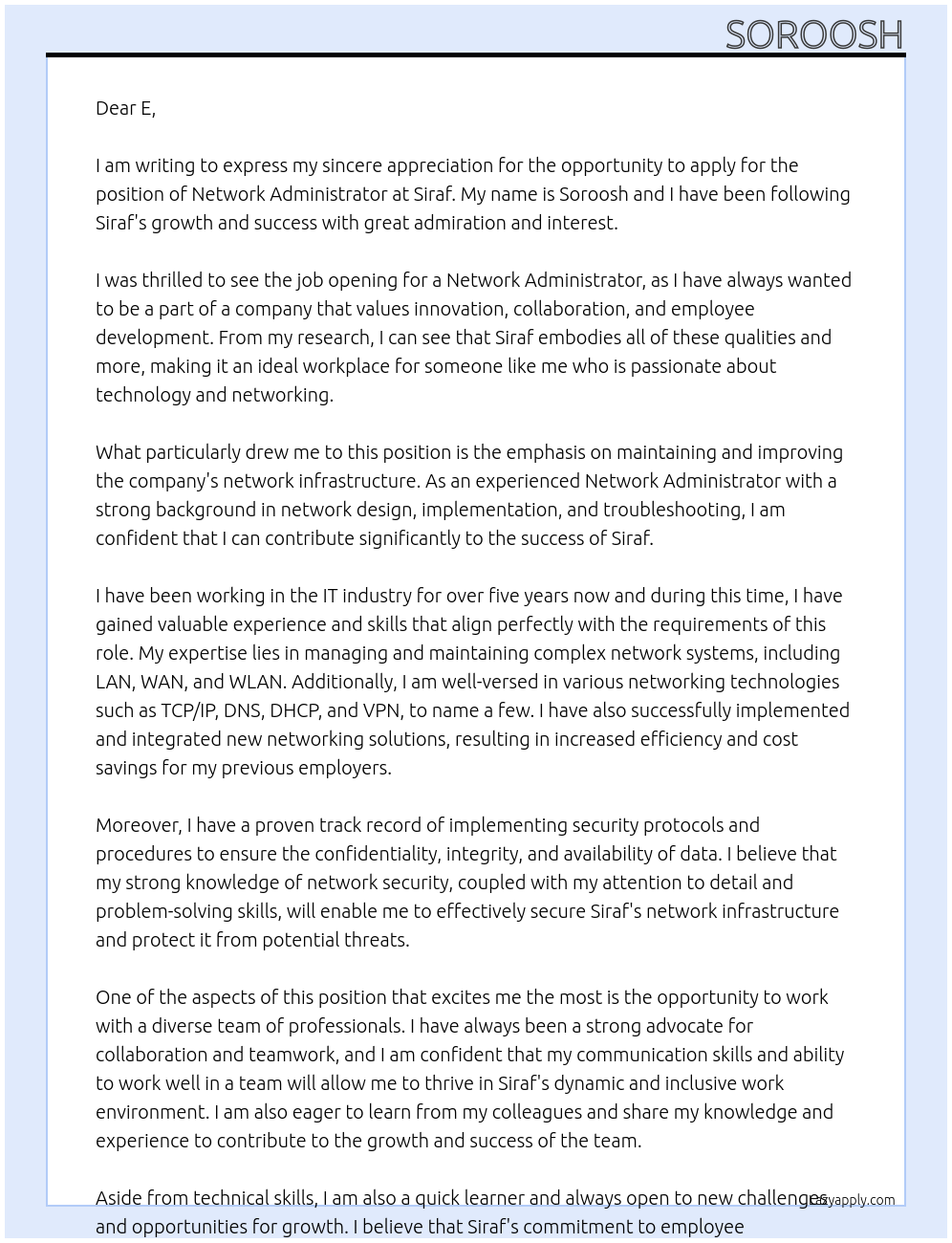 network administrator At Siraf Cover Letter