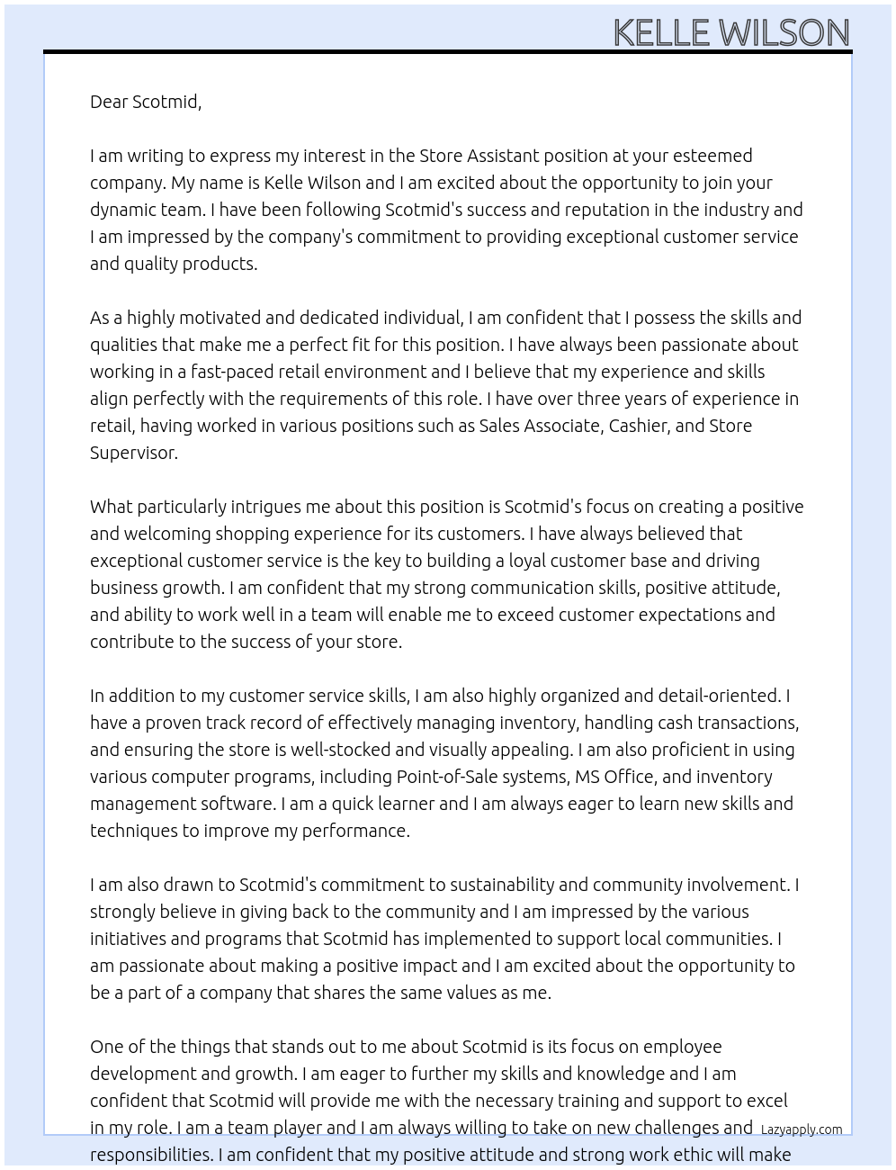 Store Assistant At Scotmid Cover Letter