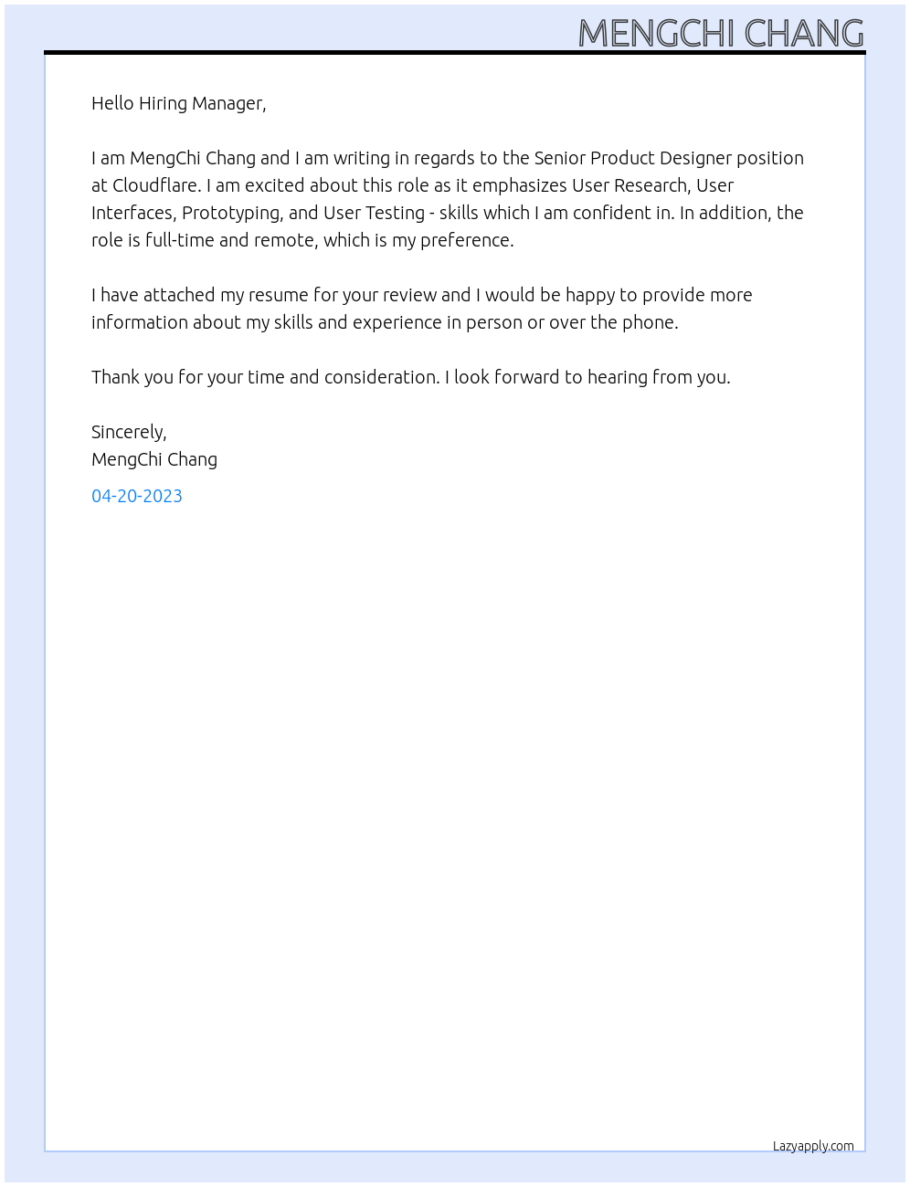 Senior Product Designer At Cloudflare Cover Letter