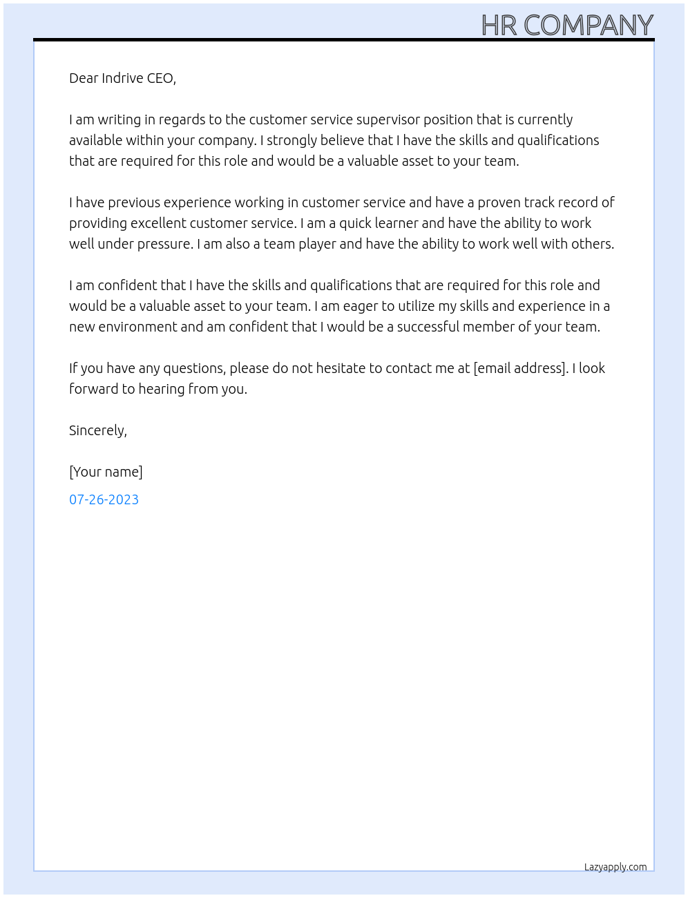 Customer service supervisor At Indrive Cover Letter