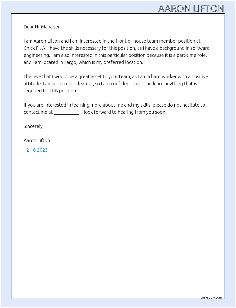 front of house team member At Chick Fil-A Cover Letter