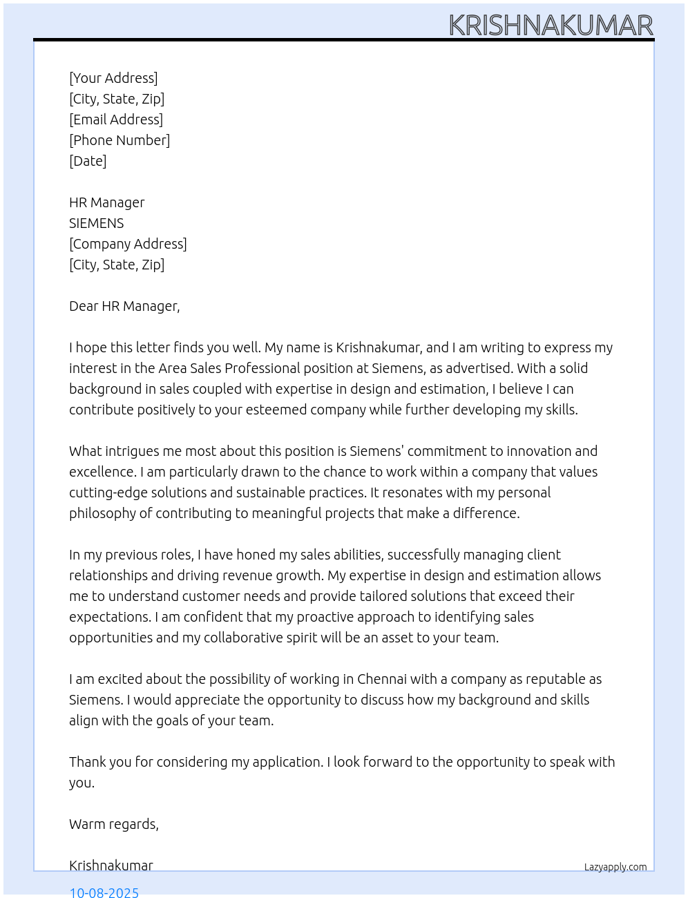 Area Sales Professional At SIEMENS Cover Letter