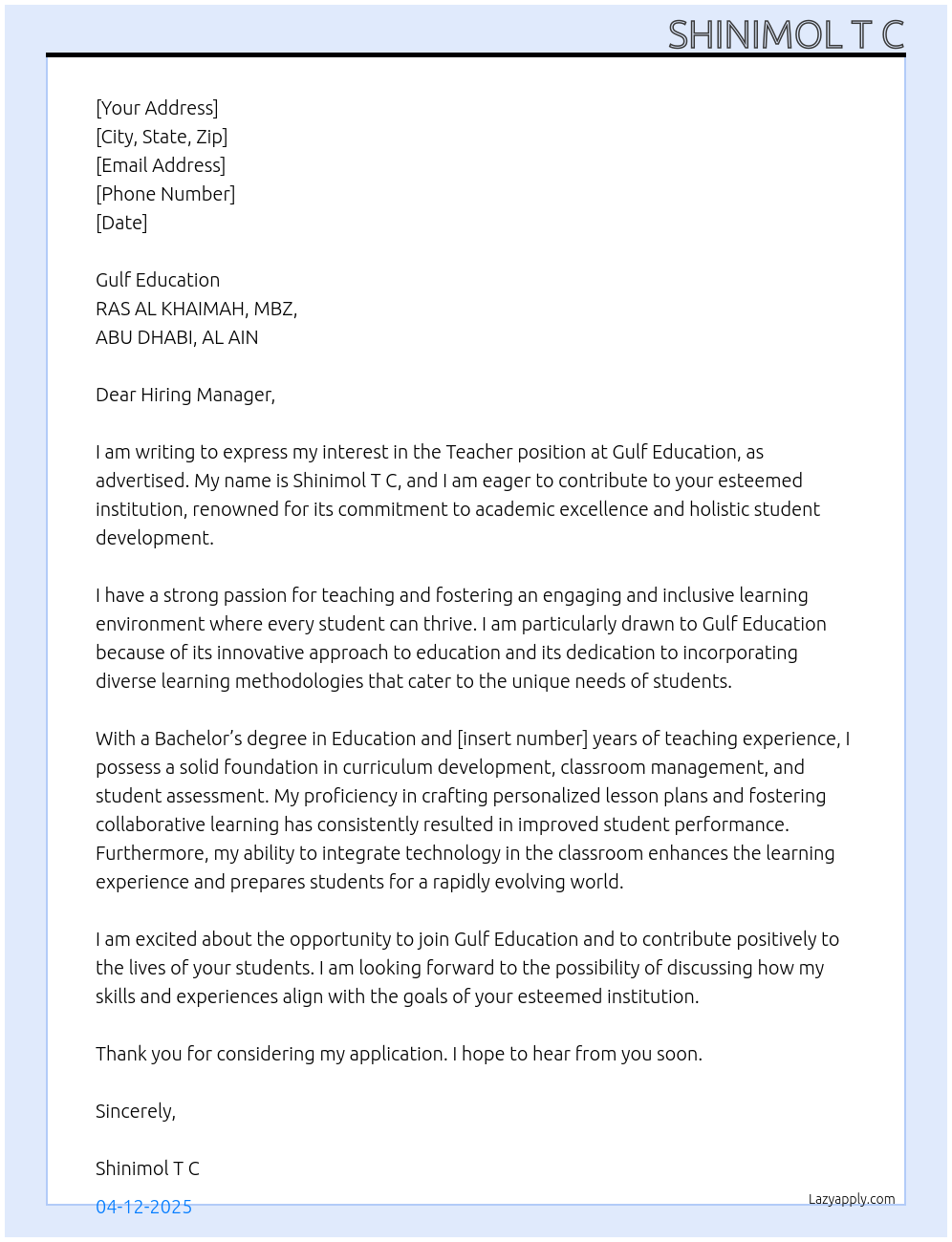 Teacher At RAS AL KHAIMAH,MBZ, ABU DHABI, AL AIN Cover Letter