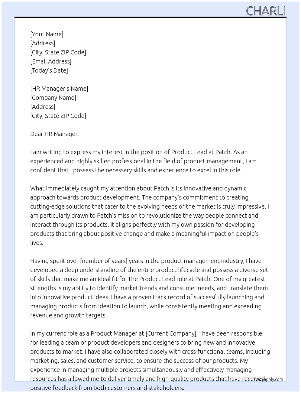 product lead At patch Cover Letter