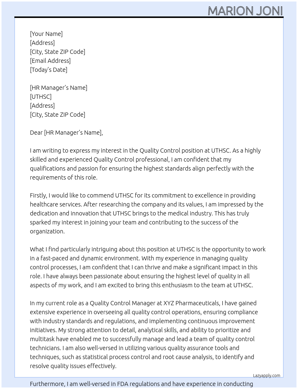 Quality Control At UTHSC Cover Letter