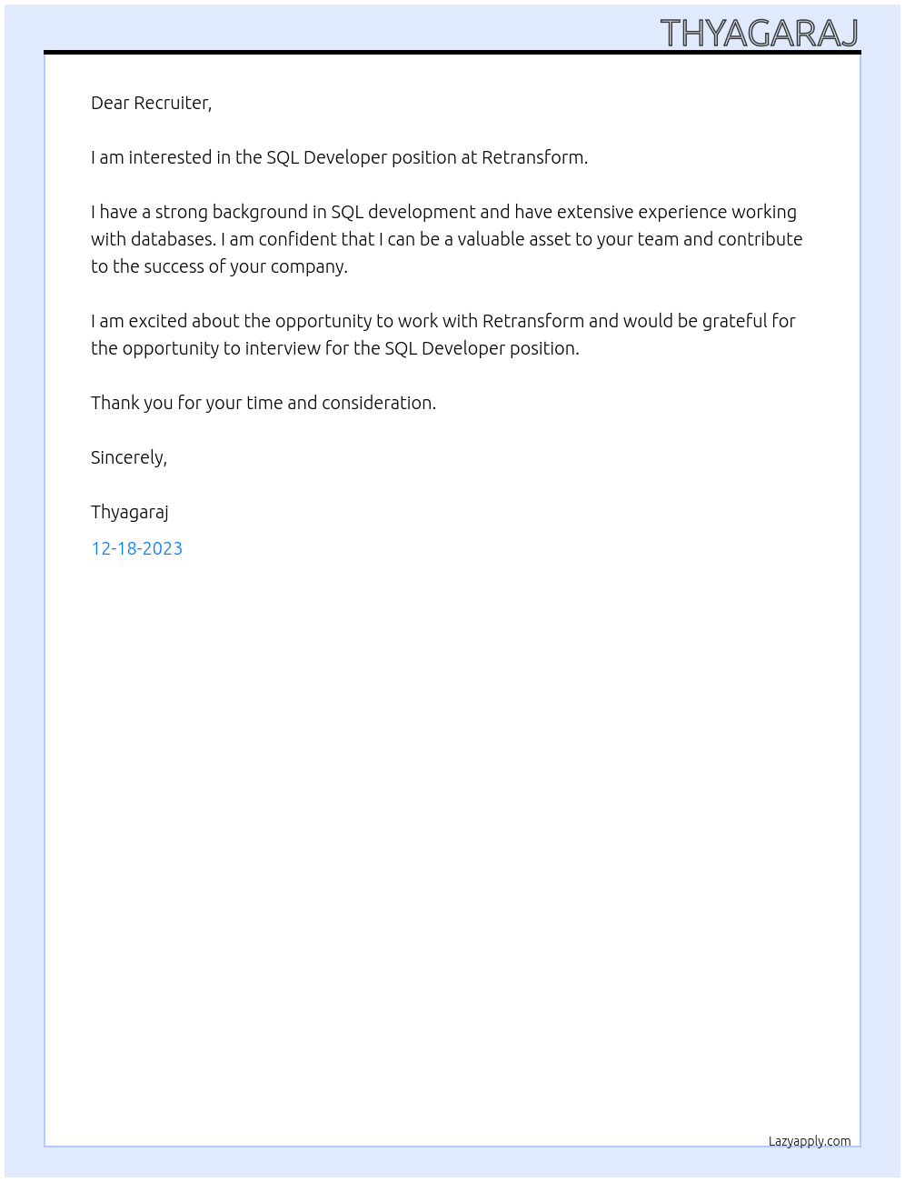 SQL DEVELOPER At Retransform Cover Letter