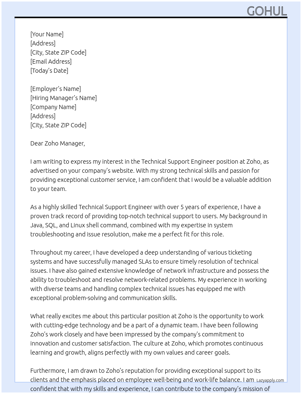 technical support engineer At Zoho Cover Letter