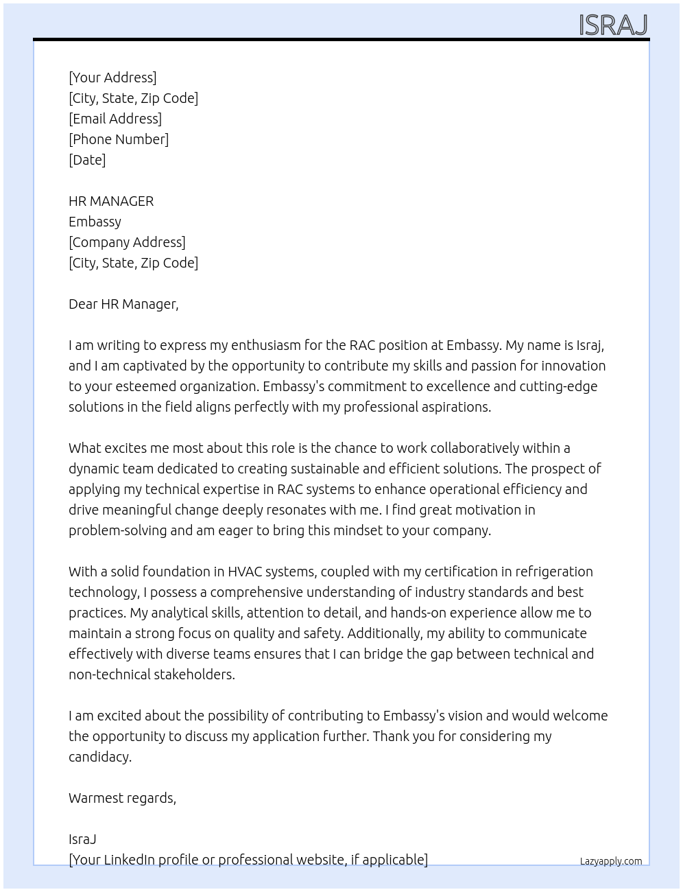 RAC  At Embassy Cover Letter