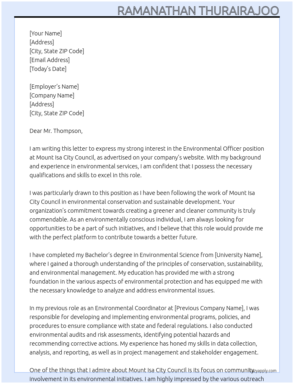 Environmental Officer At Mount Isa City Council Cover Letter
