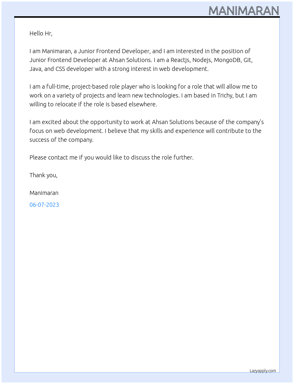Junior Frontend Developer At Ahsan Solutions Cover Letter