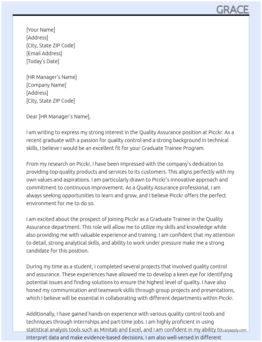 Quality assurance  At Picckr Cover Letter