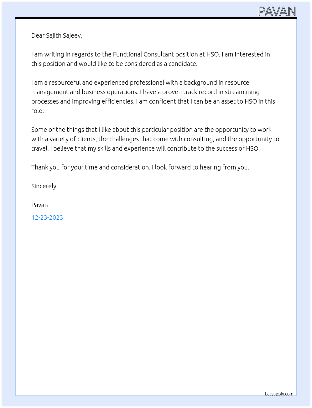 Functional consultant At HSO Cover Letter