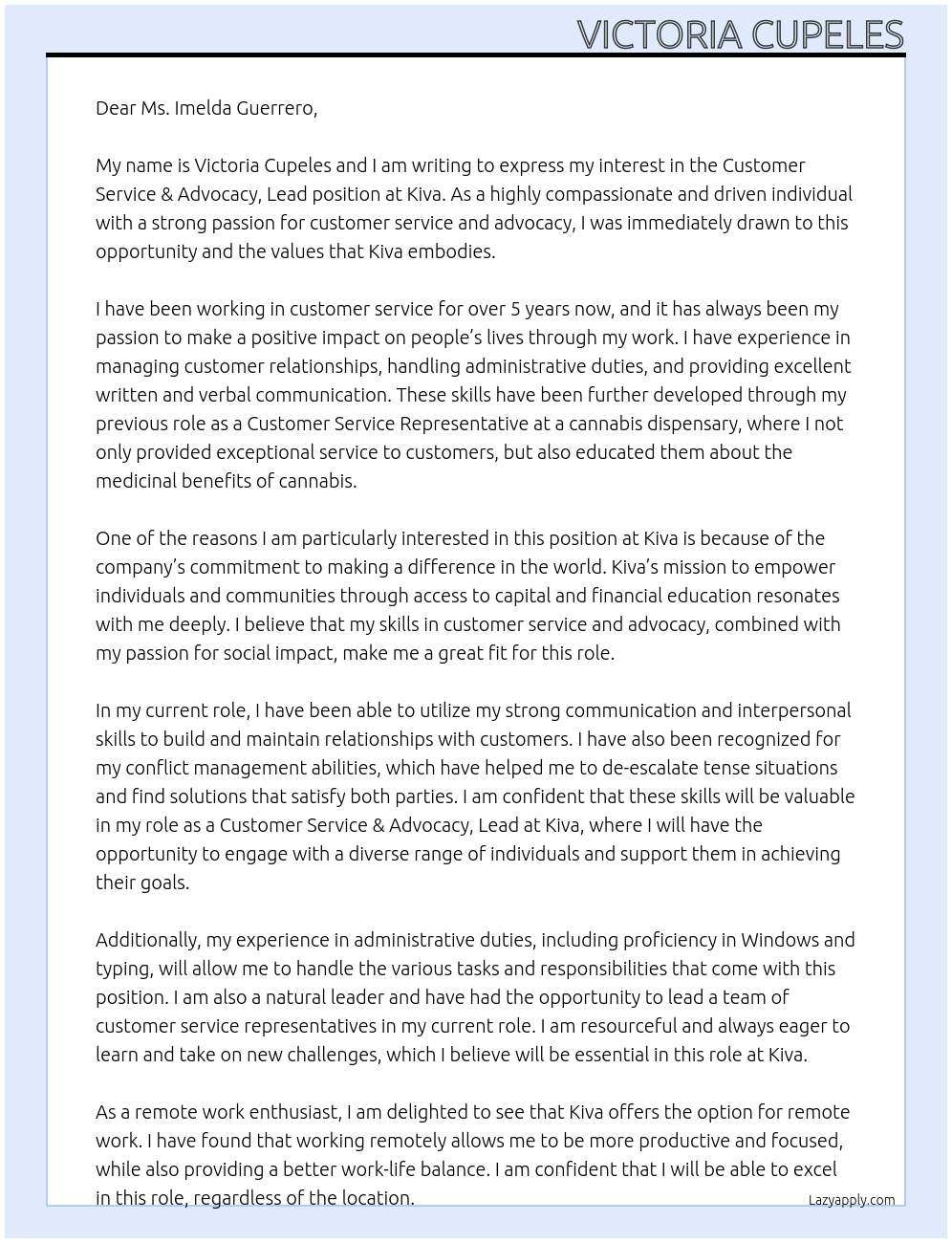 Customer Service & Advocacy, Lead At Kiva Cover Letter