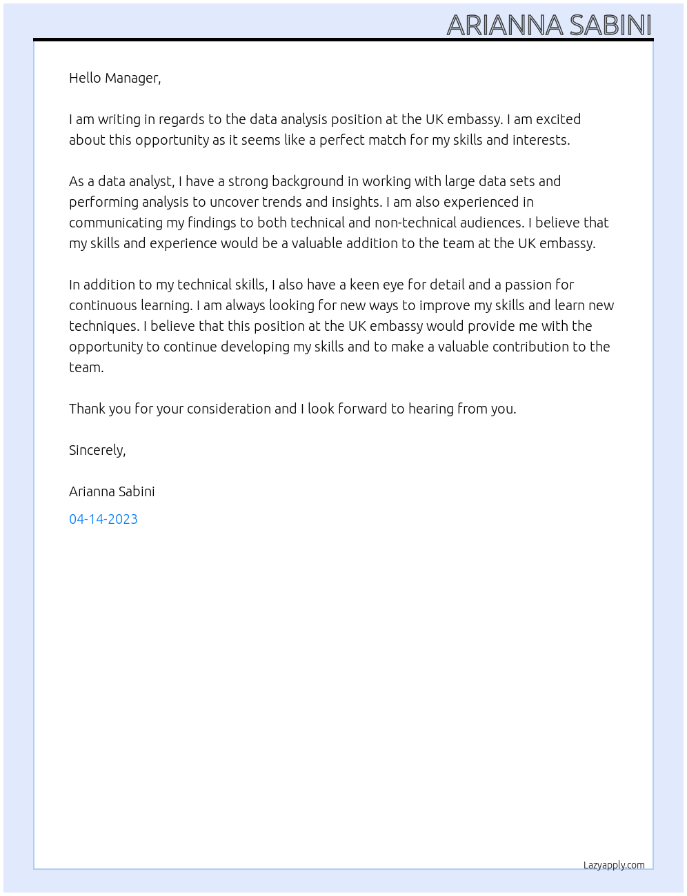 data analysis At UK embassy Cover Letter