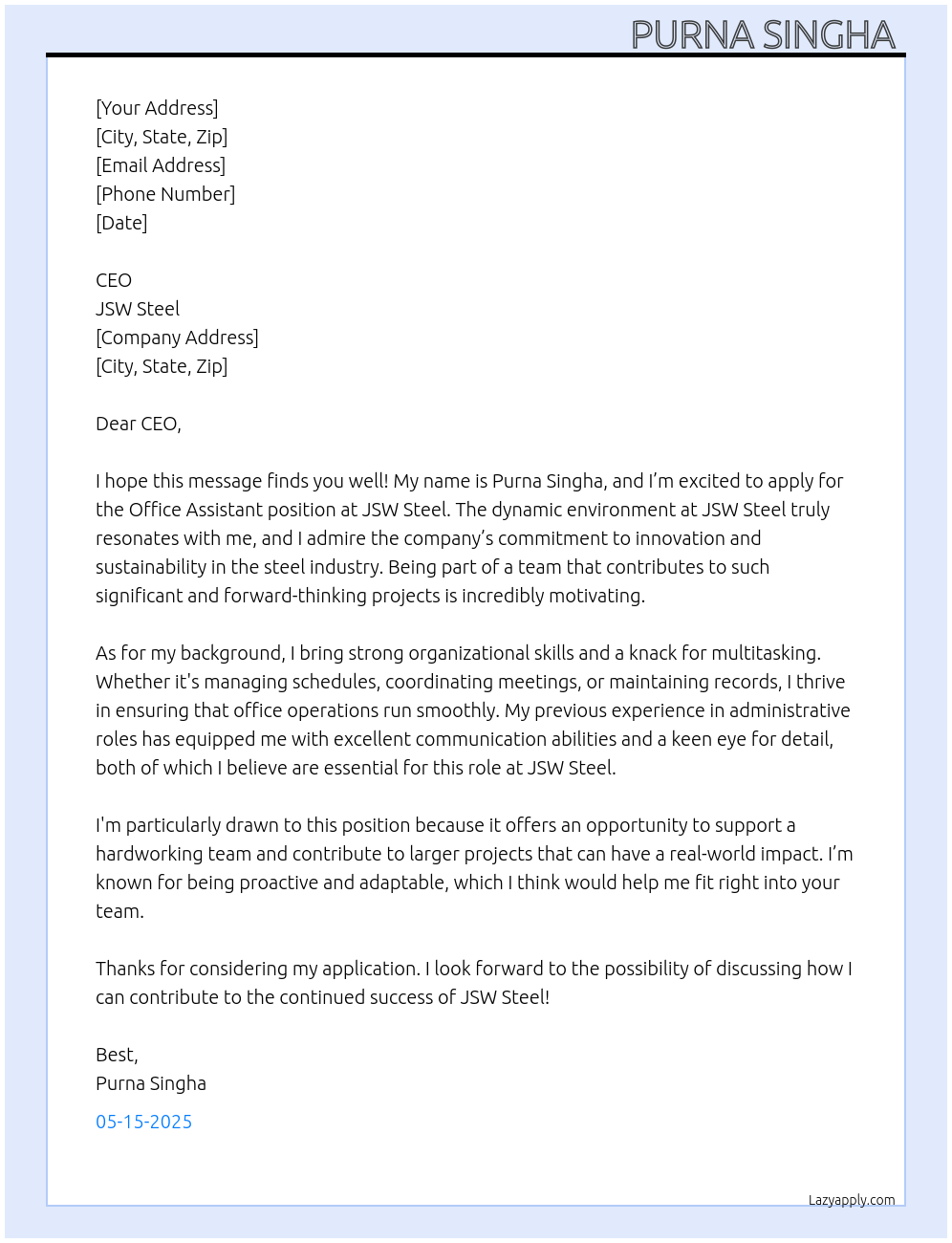 Office assistant  At Jsw Steel  Cover Letter