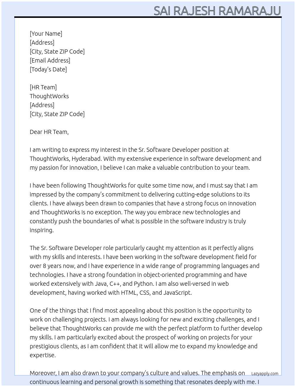 Cover letter for sr. software developer - LazyApply