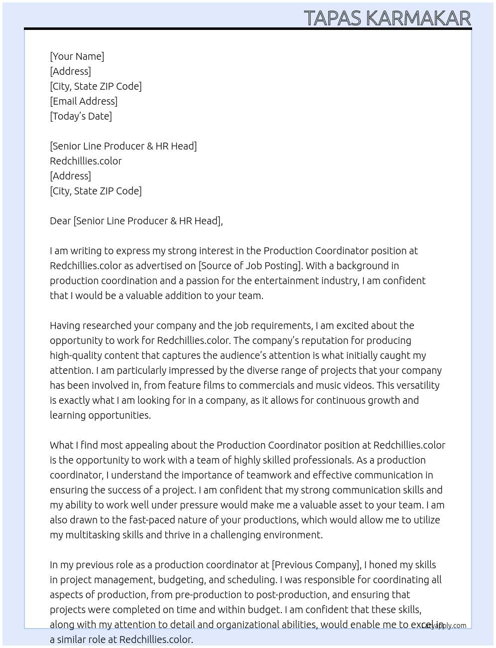 Production Coordinator At Redchillies.color Cover Letter