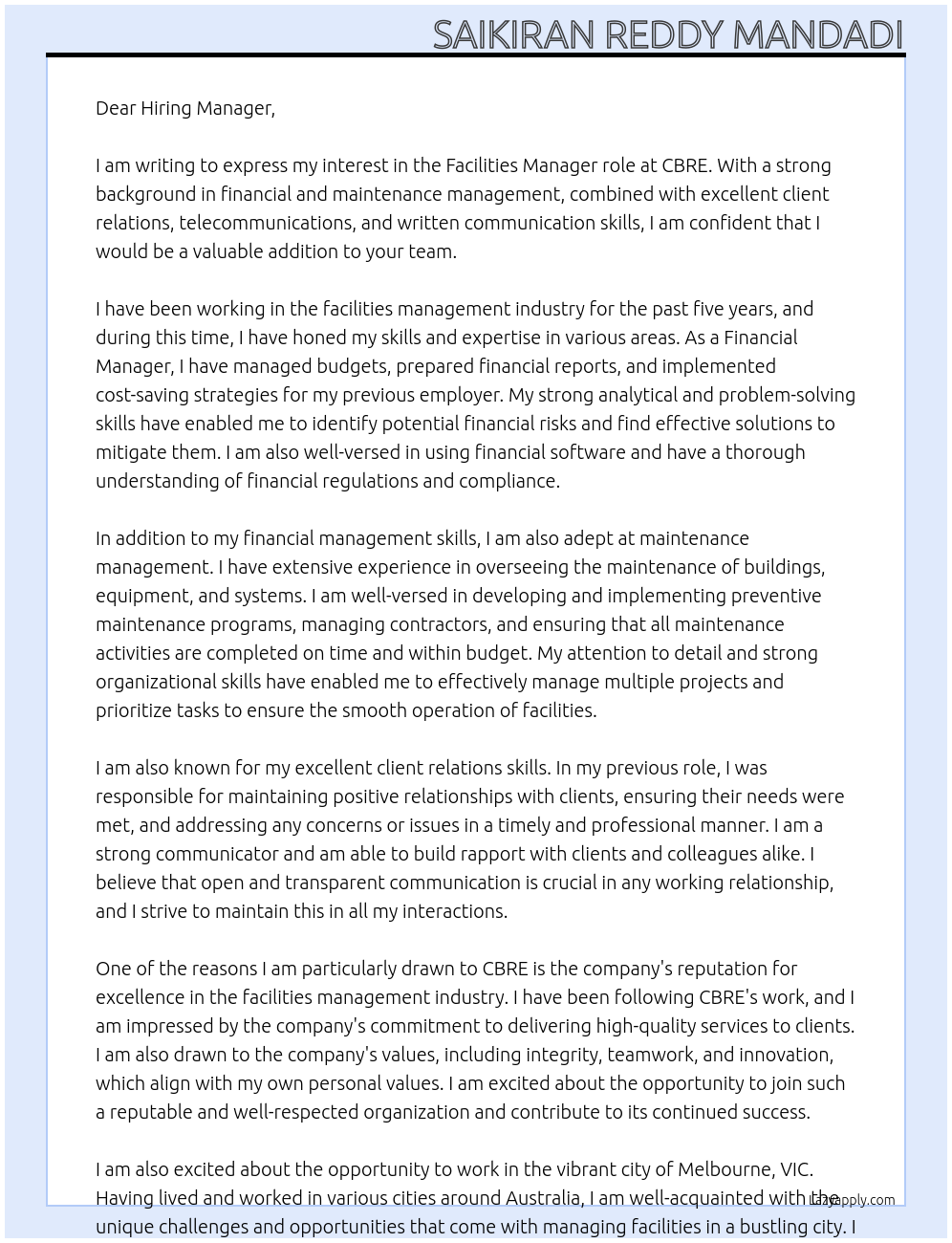 Facilities Manager At CBRE Cover Letter