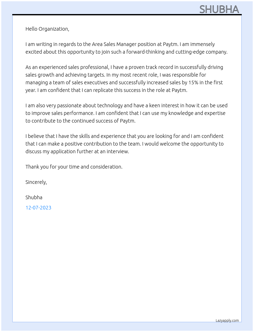 Area sales manager At Paytm Cover Letter