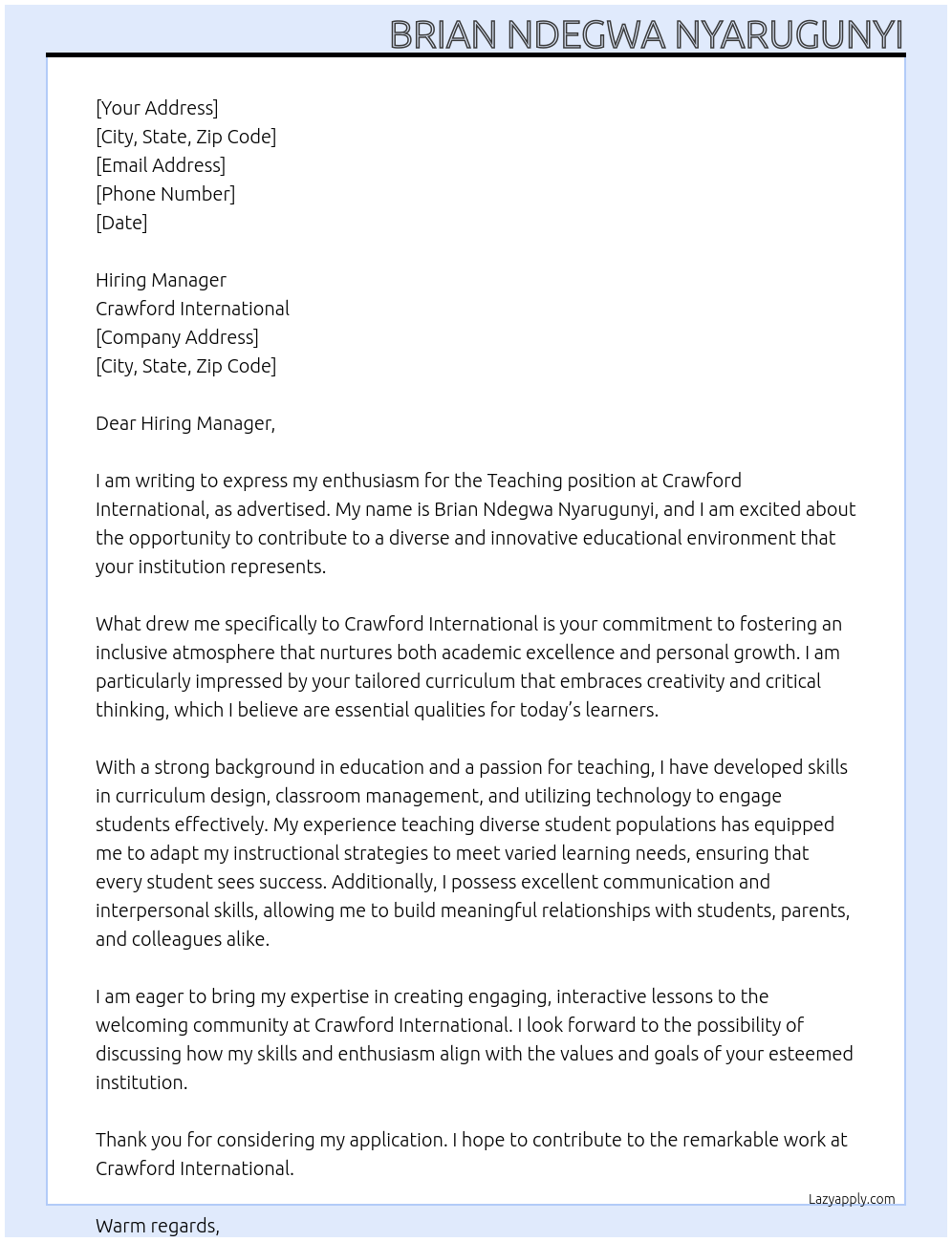 Teaching At Crawford international Cover Letter