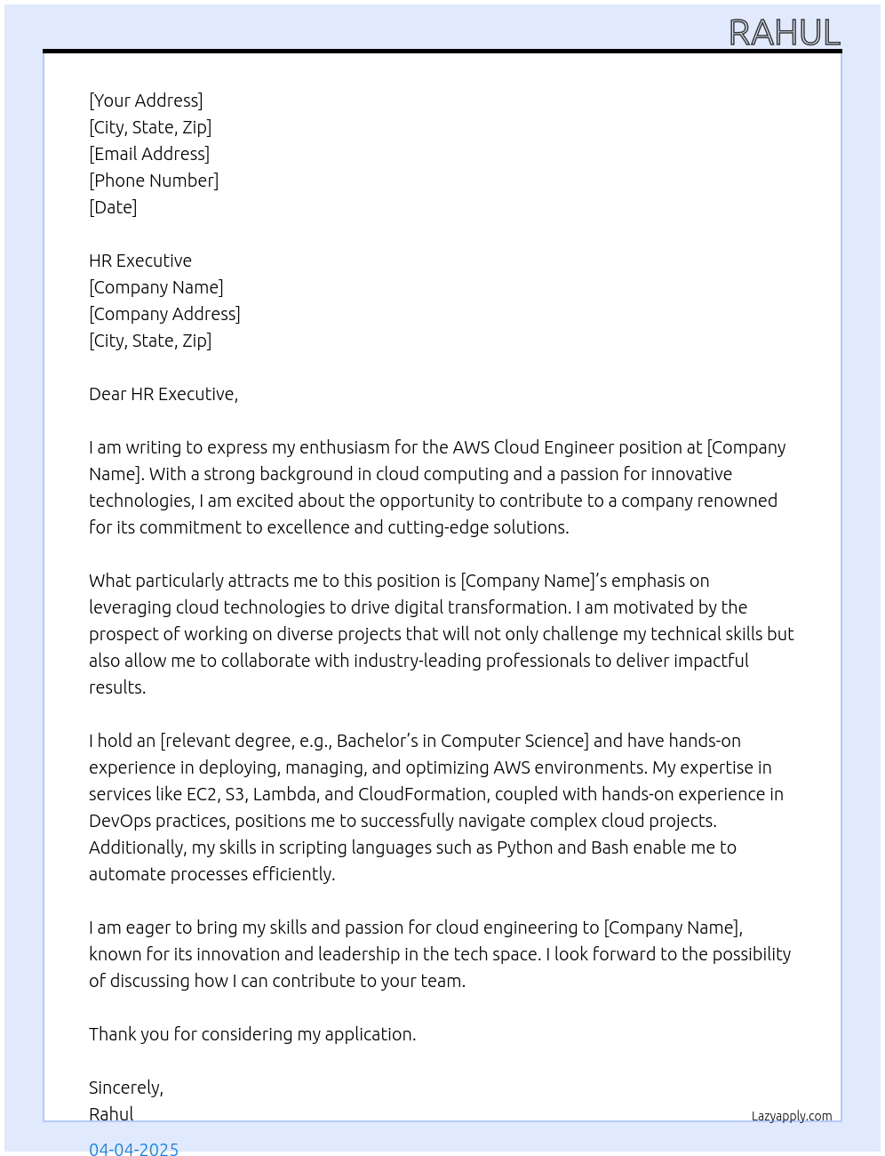 Cover letter for aws cloud engineer - LazyApply