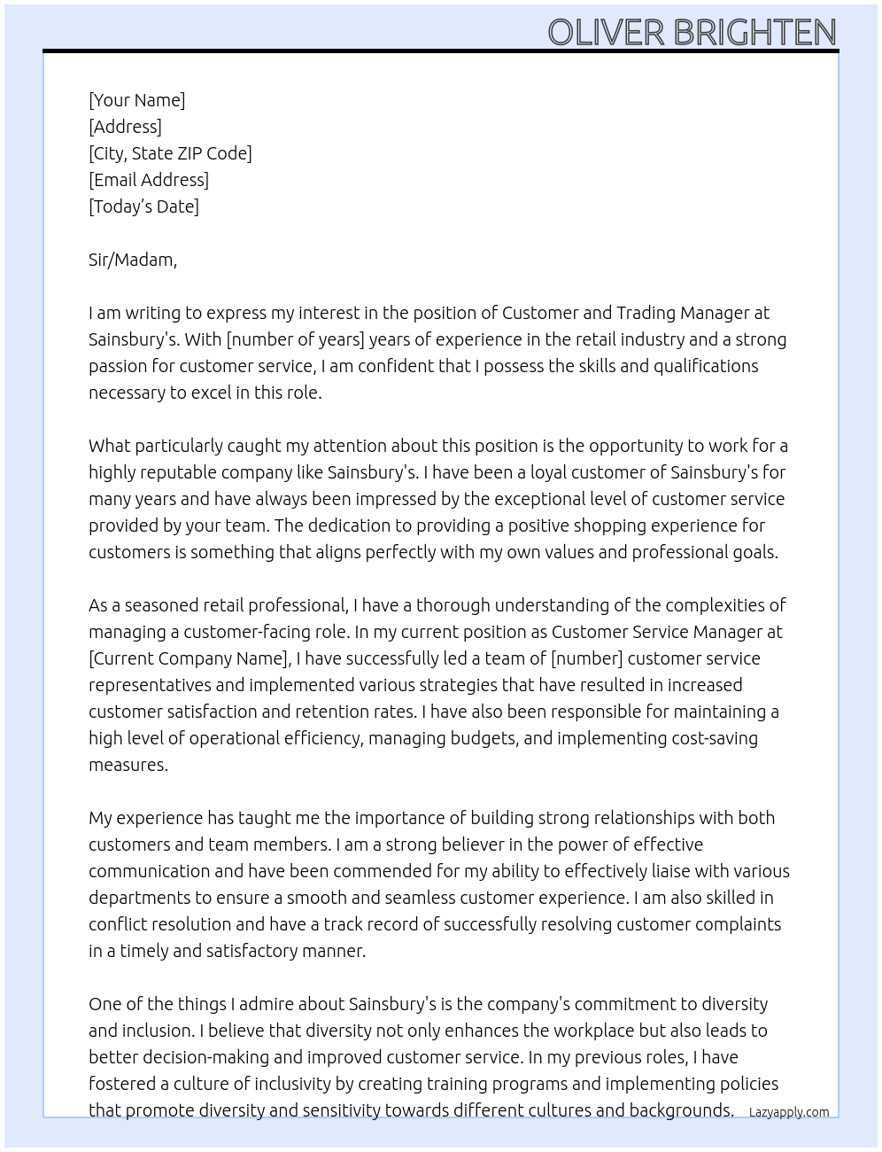 Cover letter for customer and trading manager - LazyApply