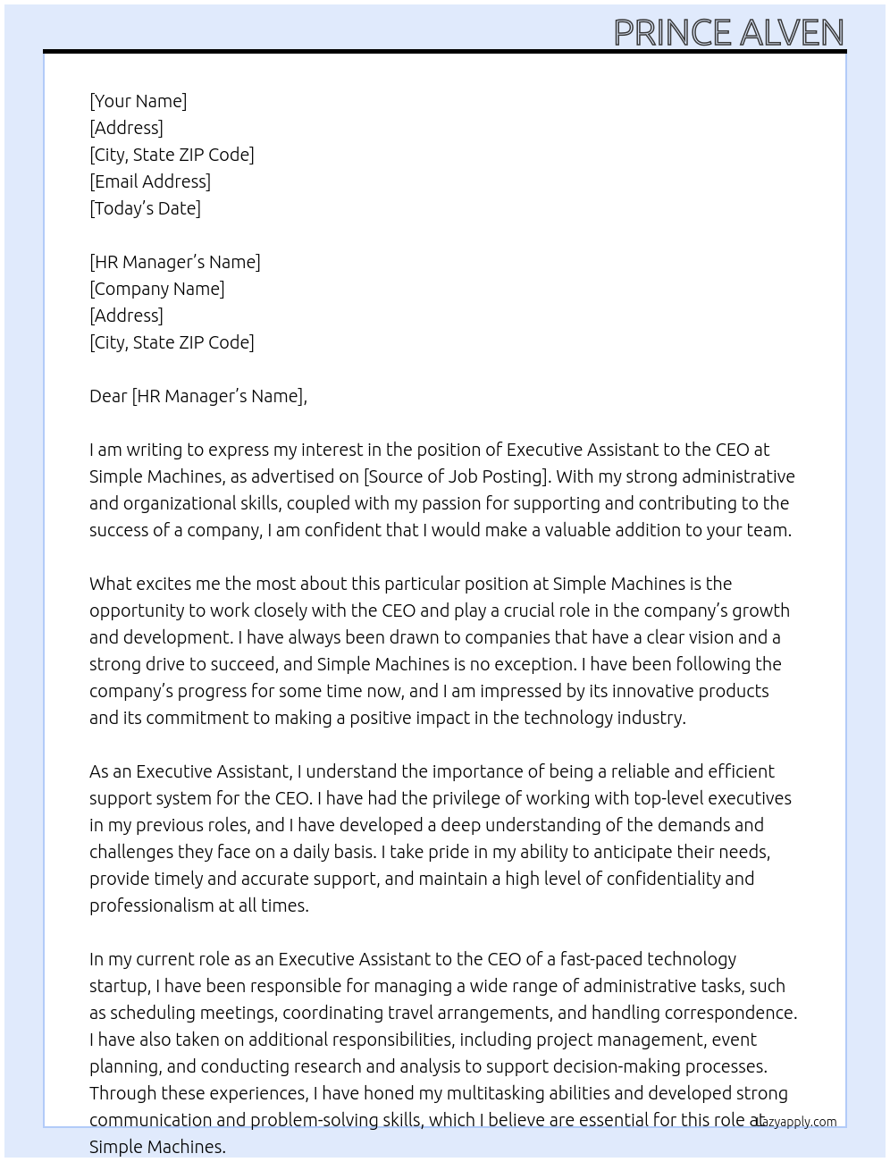 Executive Assistant to the CEO At Simple Machines Cover Letter