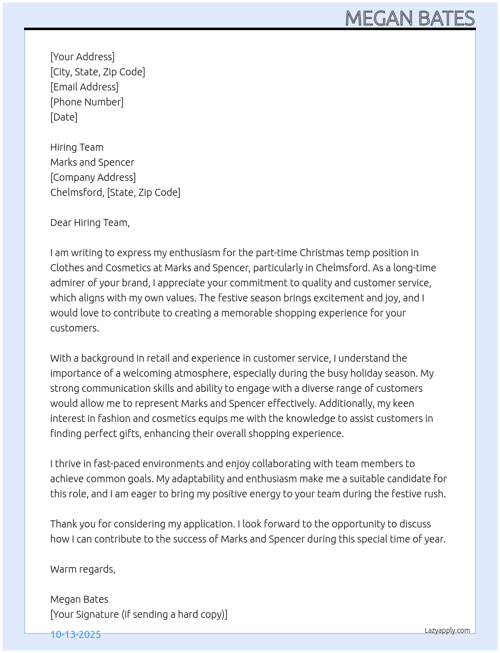 Christmas temp in clothes and cosmetics At marks and spencers Cover Letter