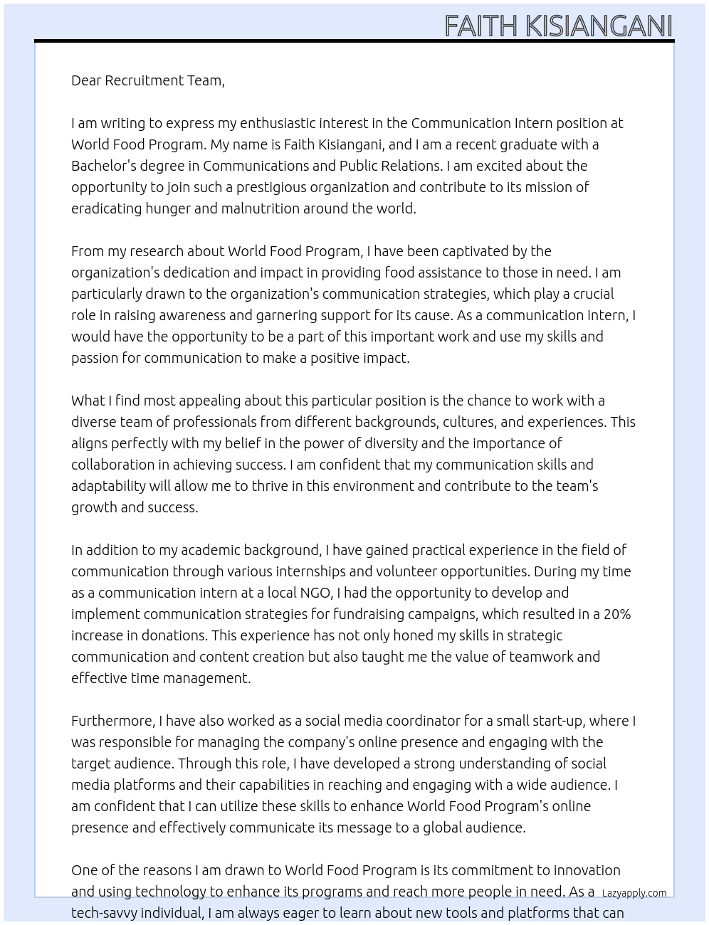 Communication Intern At World Food Program Cover Letter