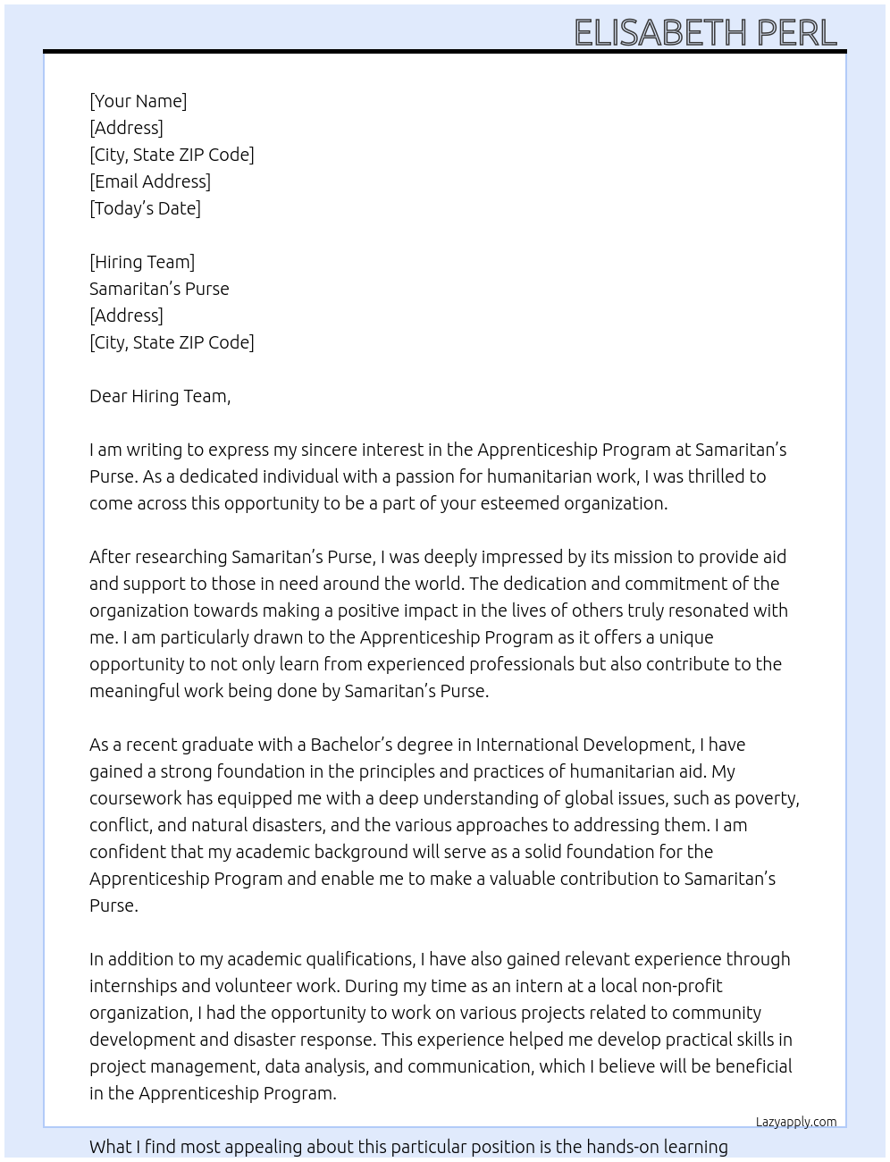 Apprenticeship Program At Samaritan's Purse  Cover Letter