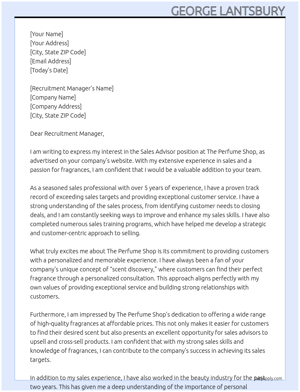 Sales Advisor At The Perfume Shop Cover Letter