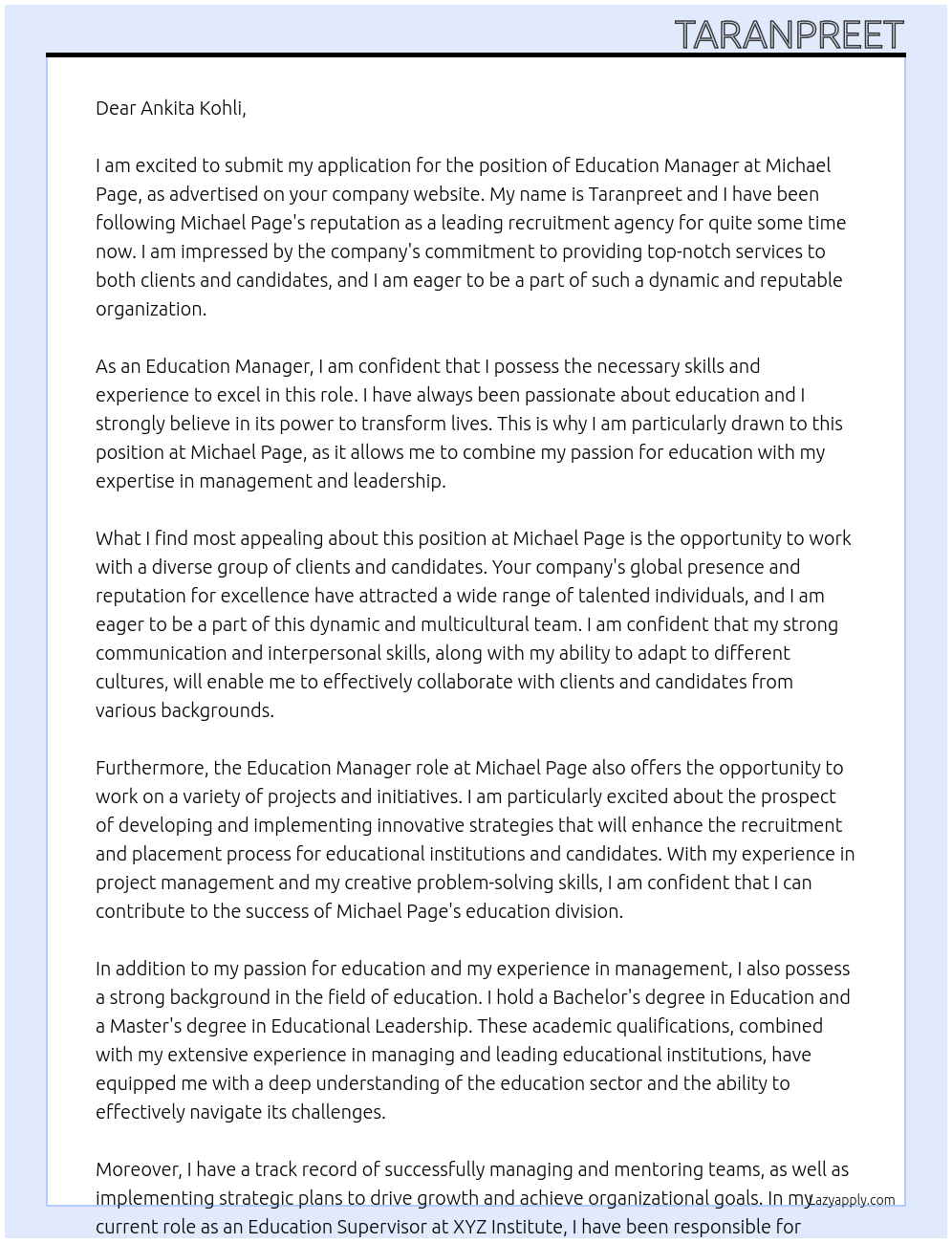 education manager At Michael Page Cover Letter