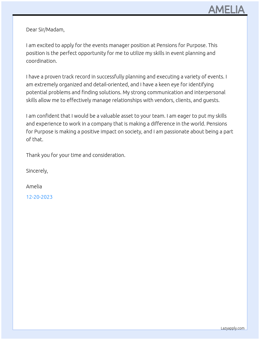 Events manager  At Pensions for Purpose Cover Letter