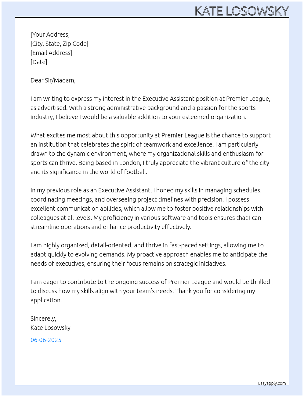 Executive Assistant At Premier League Cover Letter