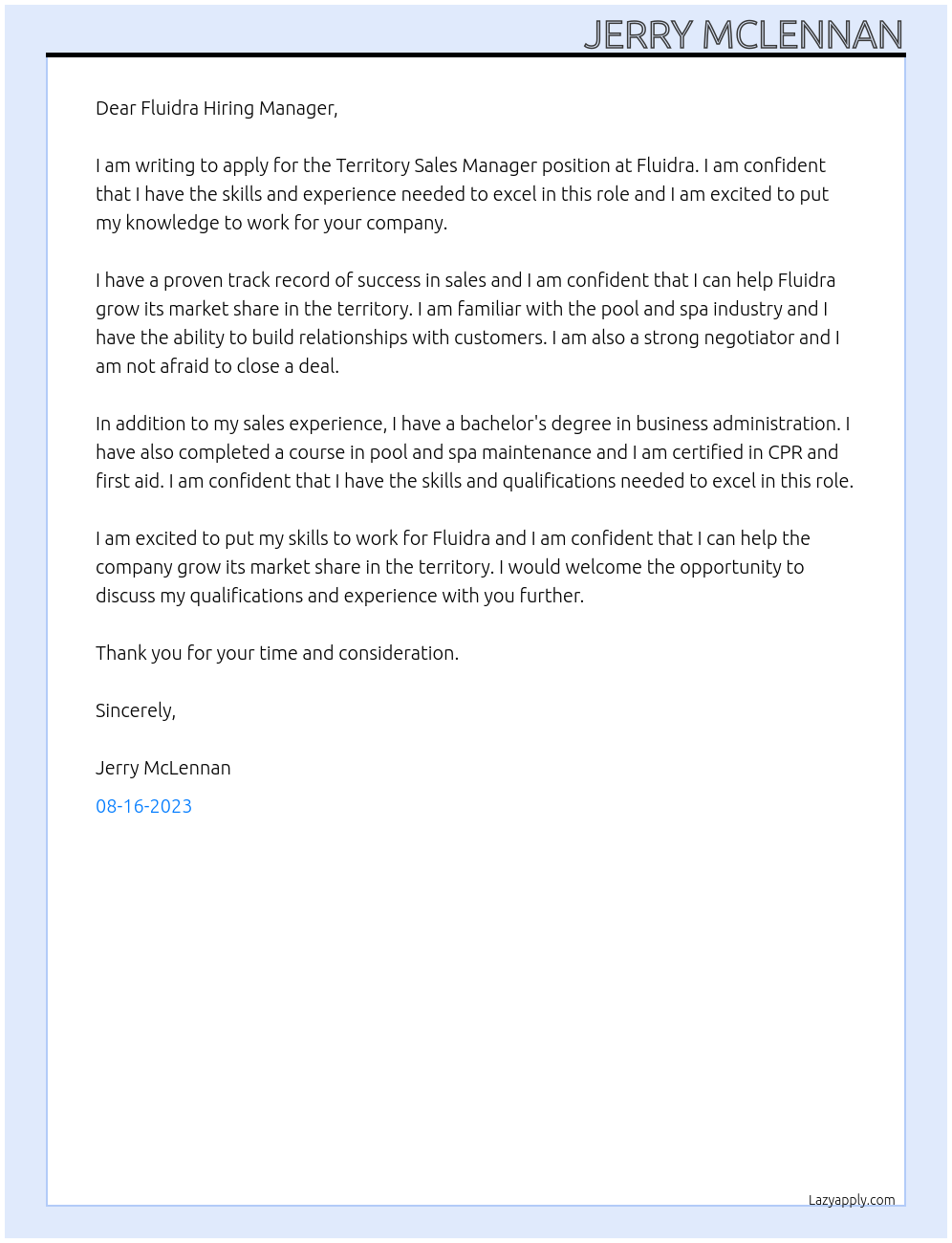 Territory Sales Manager At Fluidra Cover Letter