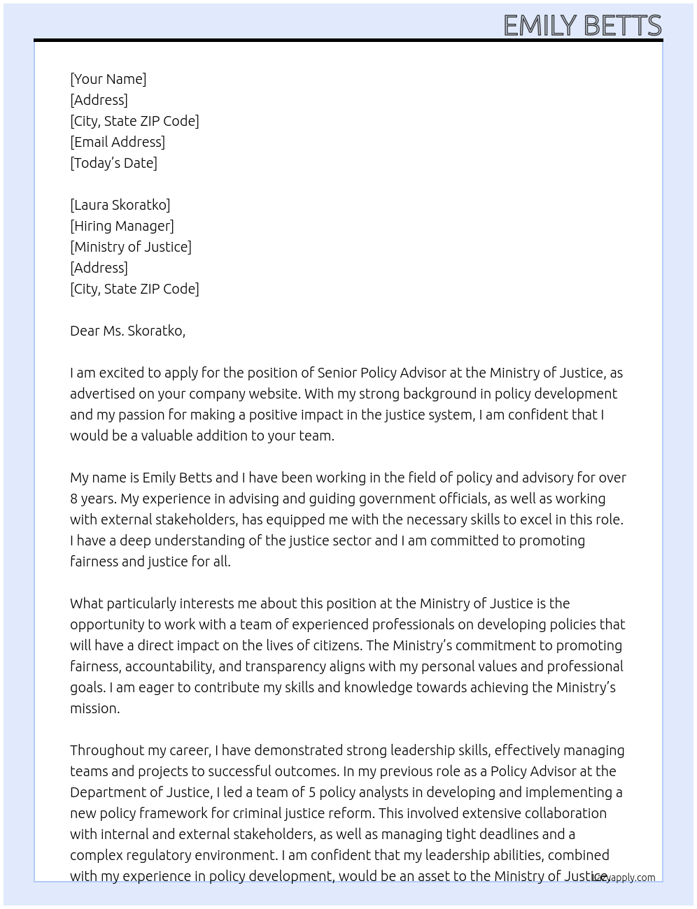 Senior Policy Advisor At Ministry of Justice Cover Letter