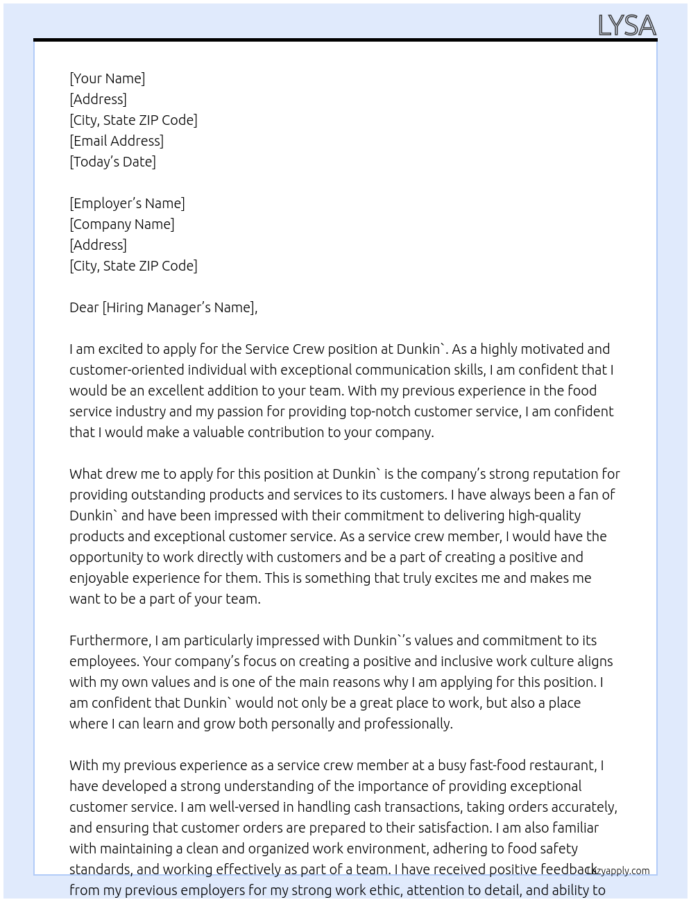 Service crew At Dunkin` Cover Letter
