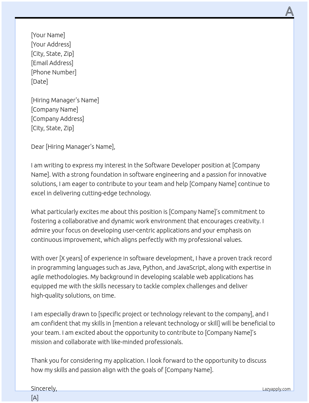 software developer At b Cover Letter