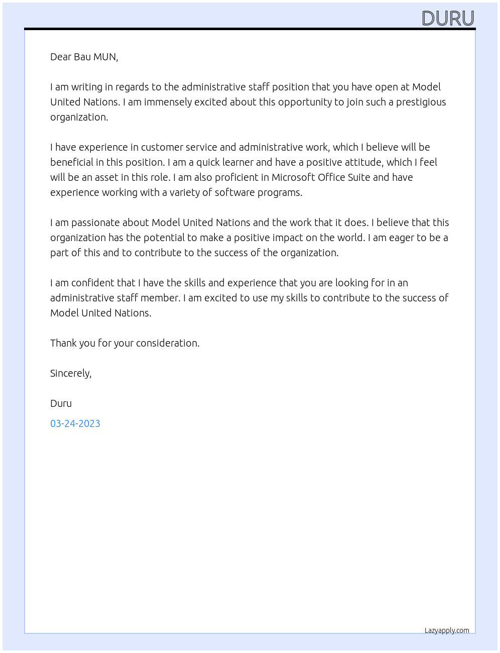 Administrative staff At Model united nations Cover Letter