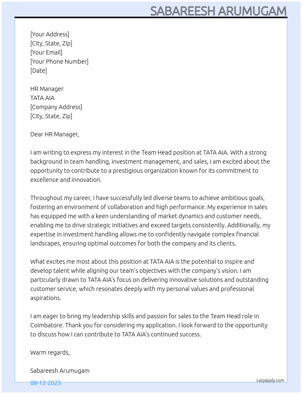 TEAM HEAD At TATA AIA Cover Letter