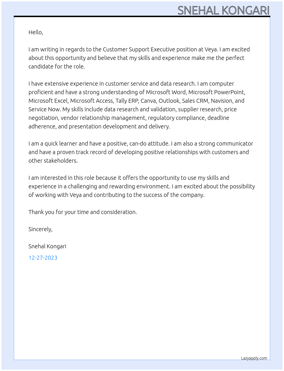 Customer support executive At Veya Cover Letter