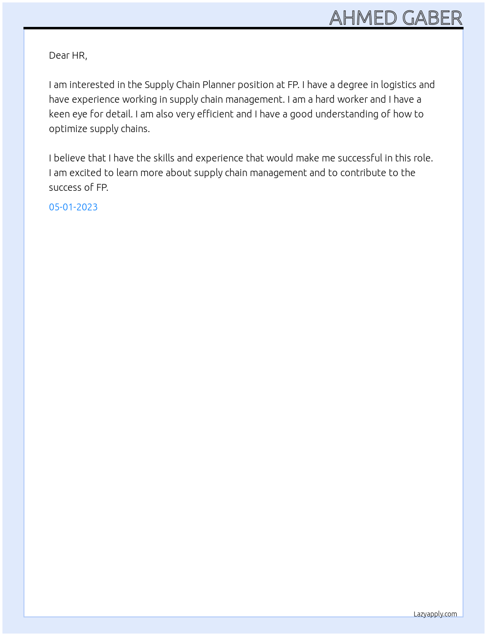 Supply Chain Planner  At FP Cover Letter