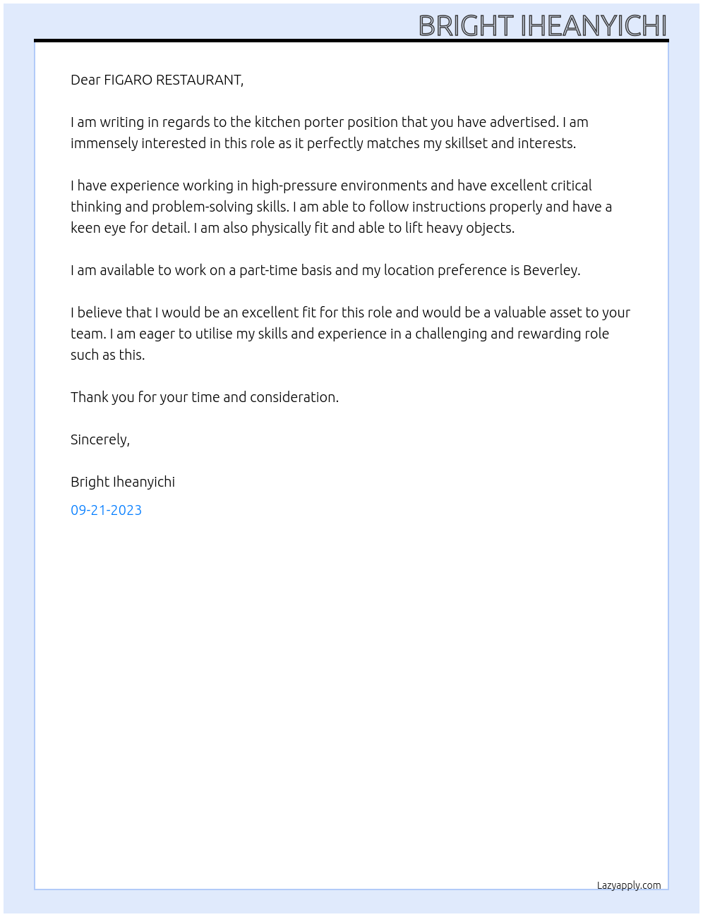 Kitchen porter At FIGARO RESTAURANT Cover Letter