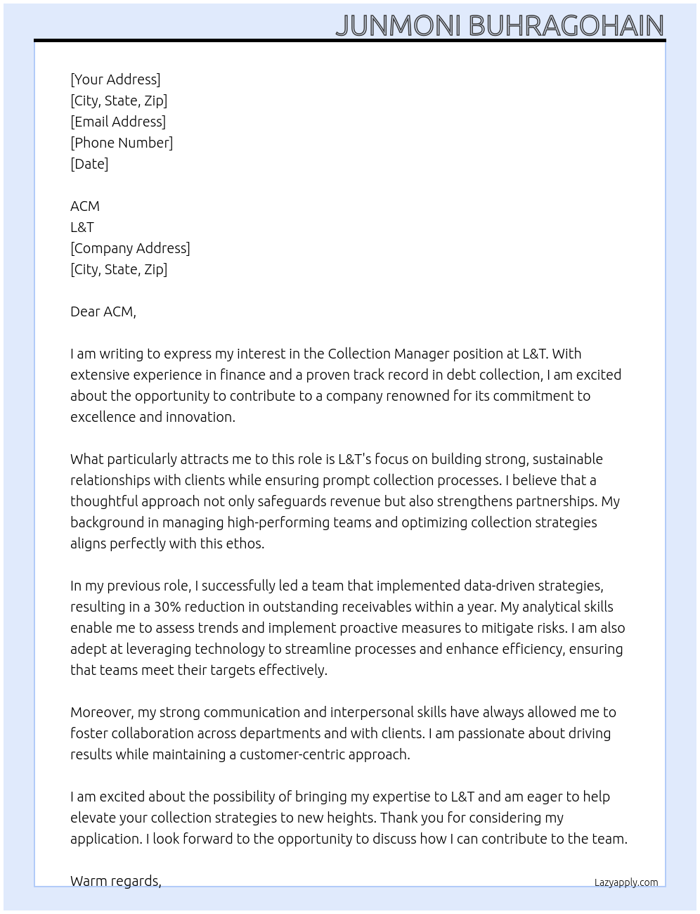 Collection Manager At L&T Cover Letter