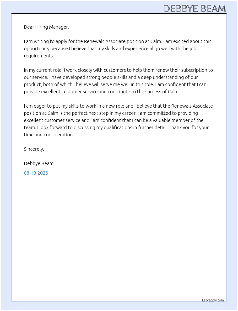 Renewals Associate  At Calm  Cover Letter