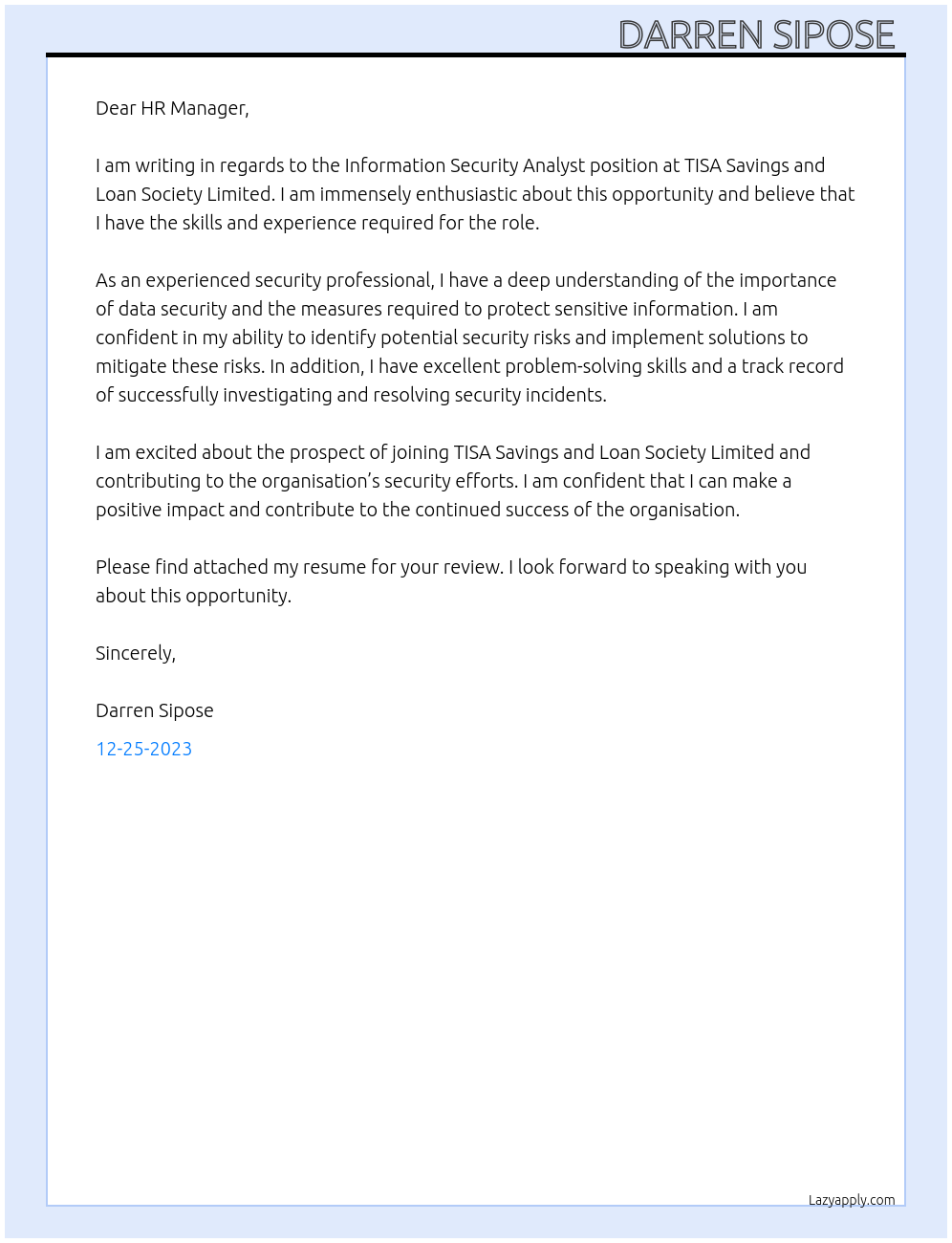 Information Security Analyst At TISA Savings and Loan Society Limited Cover Letter