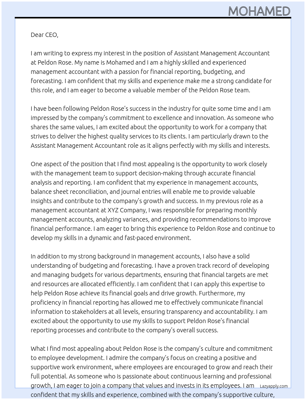 Assistant Management Accountant At Peldon Rose Cover Letter