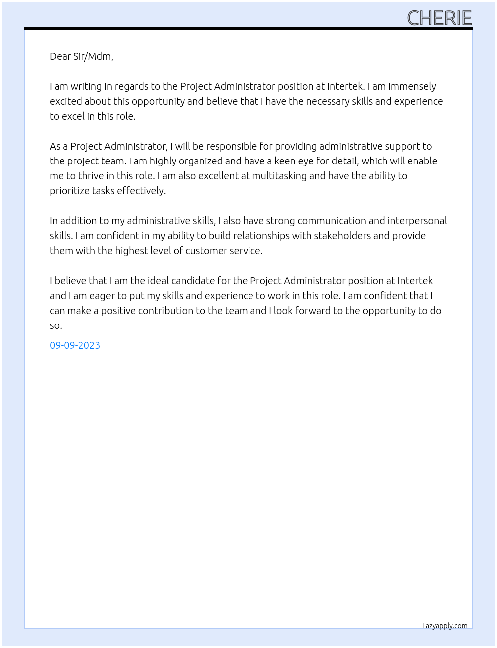 Project Administrator At Intertek Cover Letter