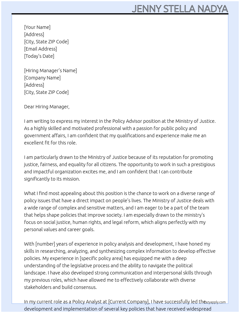 Policy Advisor At Ministry of Justice Cover Letter